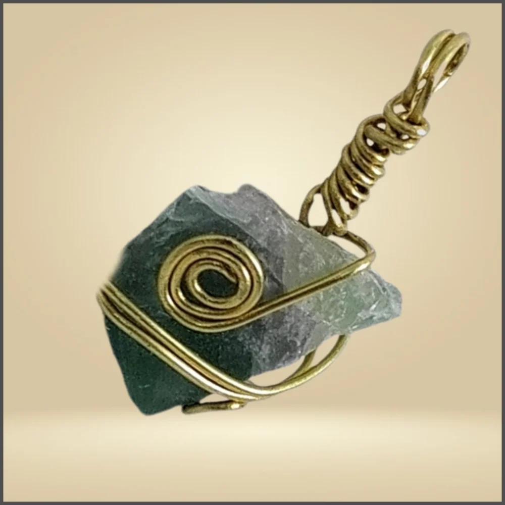 Raw Green Fluorite Gemstone Hand Wired Wrapped Pendant NWOT